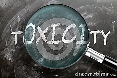 Learn, study and inspect toxicity - pictured as a magnifying glass enlarging word toxicity, symbolizes researching, exploring and Cartoon Illustration