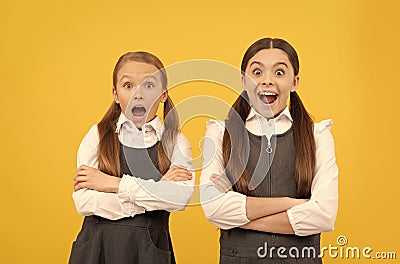 Learn with surprise. Surprised children keep arms crossed. Primary schooling. Formal schooling Stock Photo