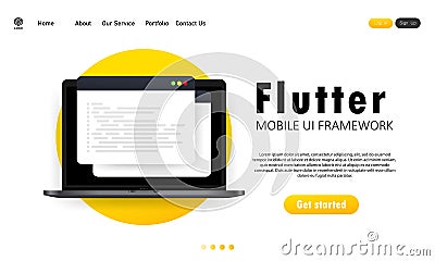 Learn to code Flutter Mobile UI Framework on laptop screen, programming language code illustration. Vector on isolated white Vector Illustration