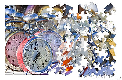 Learn to manage the time - Old colored metal table clocks, concept image in jigsaw puzzle shape Stock Photo