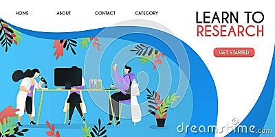 Learn to research in laboratory. scientists are studying on the table with computers and microscopes, vector template background i Vector Illustration