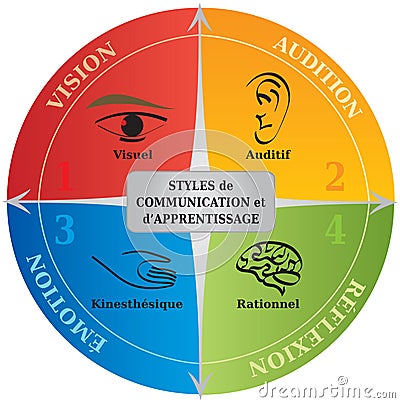 4 Learning Communication Styles Diagram - Life Coaching - NLP - French Language Vector Illustration