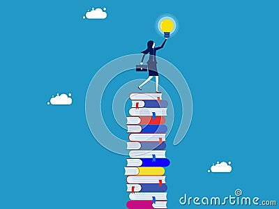 learning creates opportunities and wisdom for creative thinkers. Businesswoman on a high stack of books with a light bulb Vector Illustration