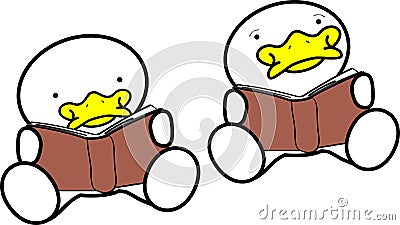Learning cute baby duck character cartoon sitting reading set Vector Illustration