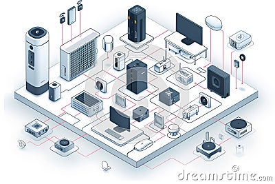 Learning detection in alarm systems enhances residential security, overseen by networked AI for security assessment in private saf Cartoon Illustration