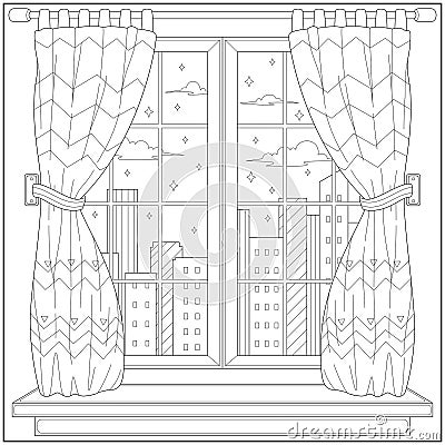 City view from building curtain. Learning and education coloring page Vector Illustration