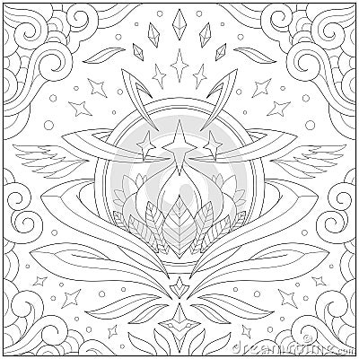 Fantasy lotus orb inside glass ball with border and frame. Learning and education coloring page illustration for adults and childr Vector Illustration