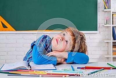 Learning and education concept. Children learning. Child tutoring. Home study. Portrait of Pupil in classroom. Stock Photo