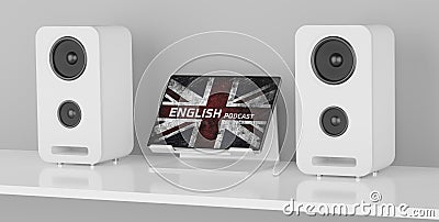 Learning English podcast. Audio speakers and digital tablet Cartoon Illustration