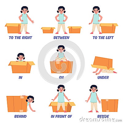 Learning english prepositions. Little girl, between and behind carton box, under and on, position relative to object Vector Illustration