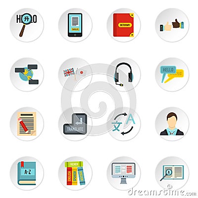 Learning foreign languages icons set, flat style Vector Illustration