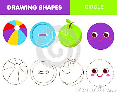 Learning geometric shapes for kids. Circle. Handwriting practice figures and forms. Educational worksheet for children and Vector Illustration