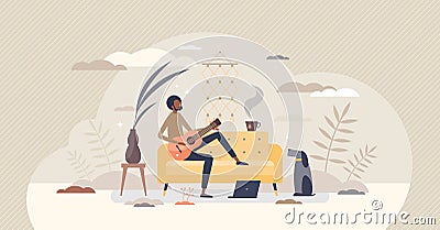 Learning guitar chords and tabs as practice or lesson tiny person concept Vector Illustration