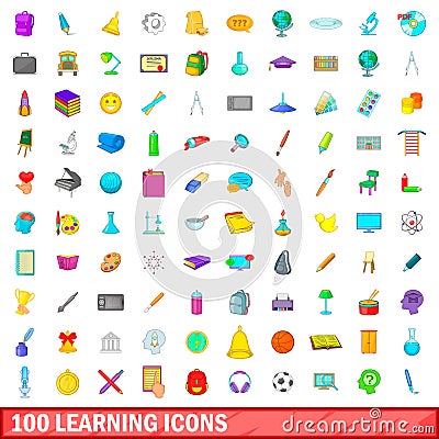 100 learning icons set, cartoon style Vector Illustration