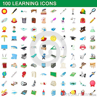 100 learning icons set, cartoon style Vector Illustration