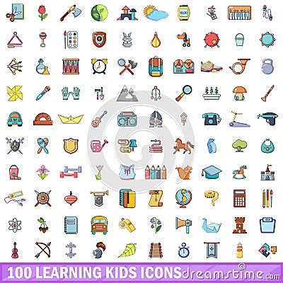 100 learning kids icons set, cartoon style Vector Illustration
