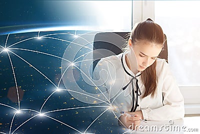Learning languages concept,student with global communications between different countries,Element of the image provided by NASA Stock Photo