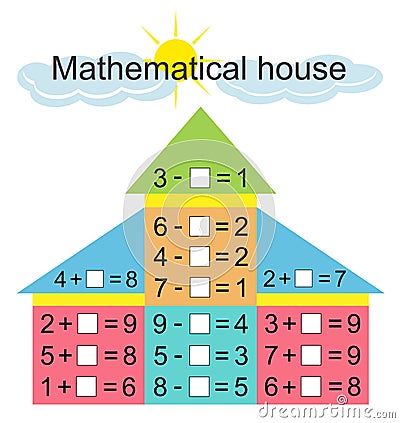 Learning mathematics. Mathematical puzzle game for kids. Number range up to 10 Vector Illustration