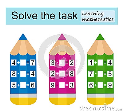 Learning mathematics. Mathematical puzzle game for kids. Number range up to 10 Vector Illustration