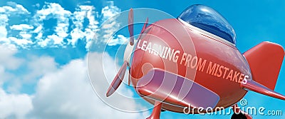 Learning from mistakes helps achieve a goal - pictured as word Learning from mistakes in clouds, to symbolize that Learning from Cartoon Illustration