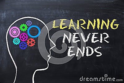 Learning never ends message on blackboard with human head shape and gears Stock Photo