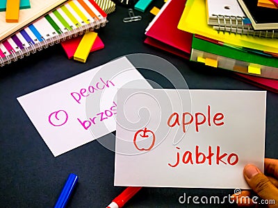 Learning New Language Making Original Flash Cards; Polish Stock Photo