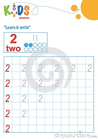Learning numbers. Learn and write numbers. Easy colorful worksheet Vector Illustration