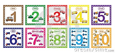 Learning numbers, mathematics with cars transport. Flash cards with numbers from 1 to 10, set. Game for children Vector Illustration