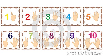 Learning numbers, mathematics with fingers of hand. Flash cards Vector Illustration