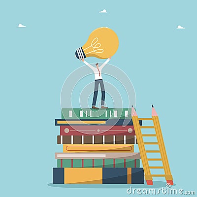 Man stands on books with light bulb Vector Illustration