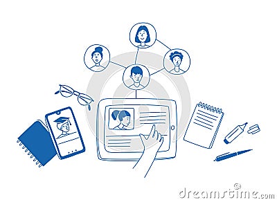 Learning online, e-learning, connection with different people. Distance education Vector Illustration