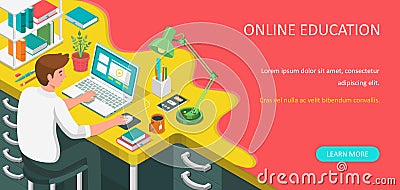 Learning online at home. Student sitting at desk and looking at laptop. E-learning banner. Web courses or tutorials concept. Dista Vector Illustration