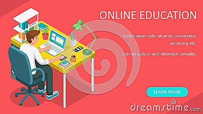 Learning online at home. Student sitting at desk and looking at laptop. E-learning banner. Web courses or tutorials concept. Dista Vector Illustration