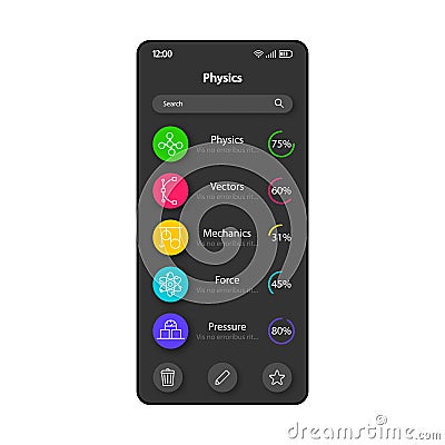 Learning physics smartphone interface vector template. Mobile app page black design layout. School subject screen. Flat Vector Illustration