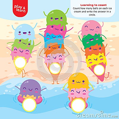 Learning to Count Ice Cream Balls Art Kid Game Vector Illustration