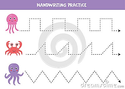 Learning to write with sea animals. Handwriting practice worksheet. Vector Illustration