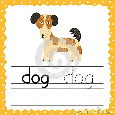 Learning to write words flashcard. Three letters word - Dog. Tracing exercise flash card Vector Illustration