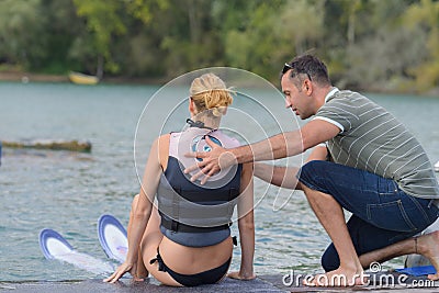 she learning waterski with instructor Stock Photo