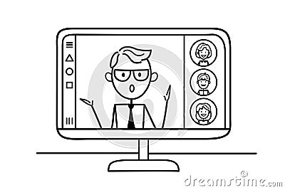 Telecommuting concept. Online learning. Video conference. Remote employee communicates via the Internet. Teacher working, taking p Vector Illustration