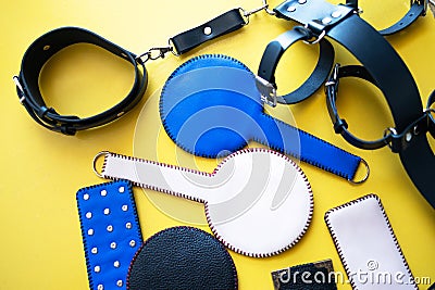 leather accessories for adult sexual games. Toys for BDSM, spanking devices. Stock Photo