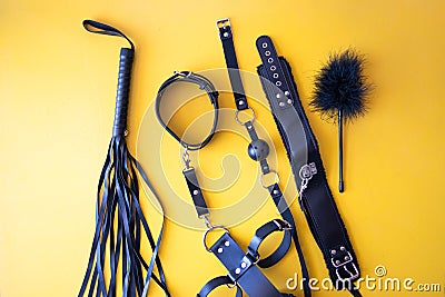 leather accessories for adult sexual games. Toys for BDSM, spanking devices. Stock Photo