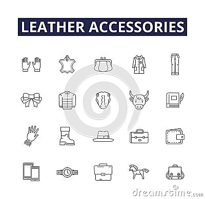Leather accessories line vector icons and signs. Accessories, Belts, Handbags, Purses, Wallets, Shoes, Boots, Sandals Vector Illustration