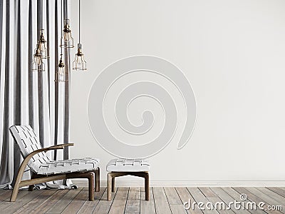 Leather armchair against the empty wall with curtain in navy living room with lamp. Stock Photo