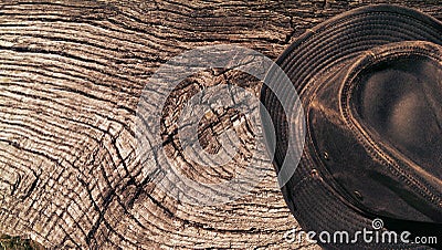Leather Aussie cowboy hat on wood Stock Photo
