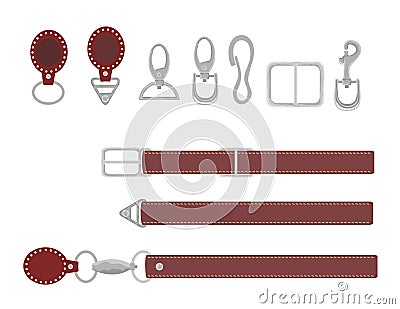 Leather belts with carabiner clasp collection vector set. Hook accessory for link illustration Cartoon Illustration