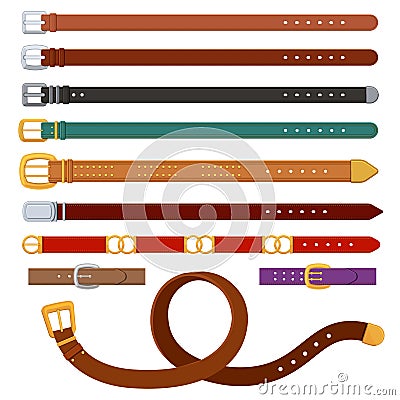 Leather belts. Female and male belt with metal or golden buckles. Fashion clothing accessories for trousers. Brown strap Vector Illustration