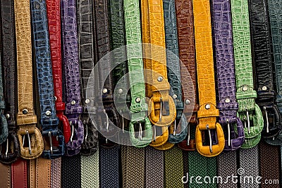 Leather belts in italian shop in florence Stock Photo