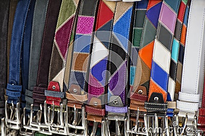 Leather belts in italian shop in florence Stock Photo