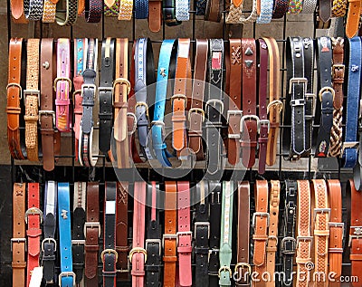 Leather belts in the store Stock Photo