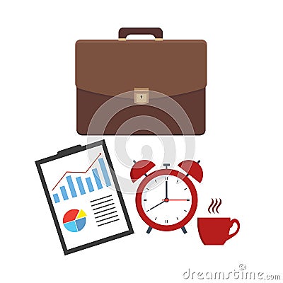 Leather business briefcase and documents sheet. Office contracts, agreements, reports. Bag with docs and forms and alarm clock wit Vector Illustration